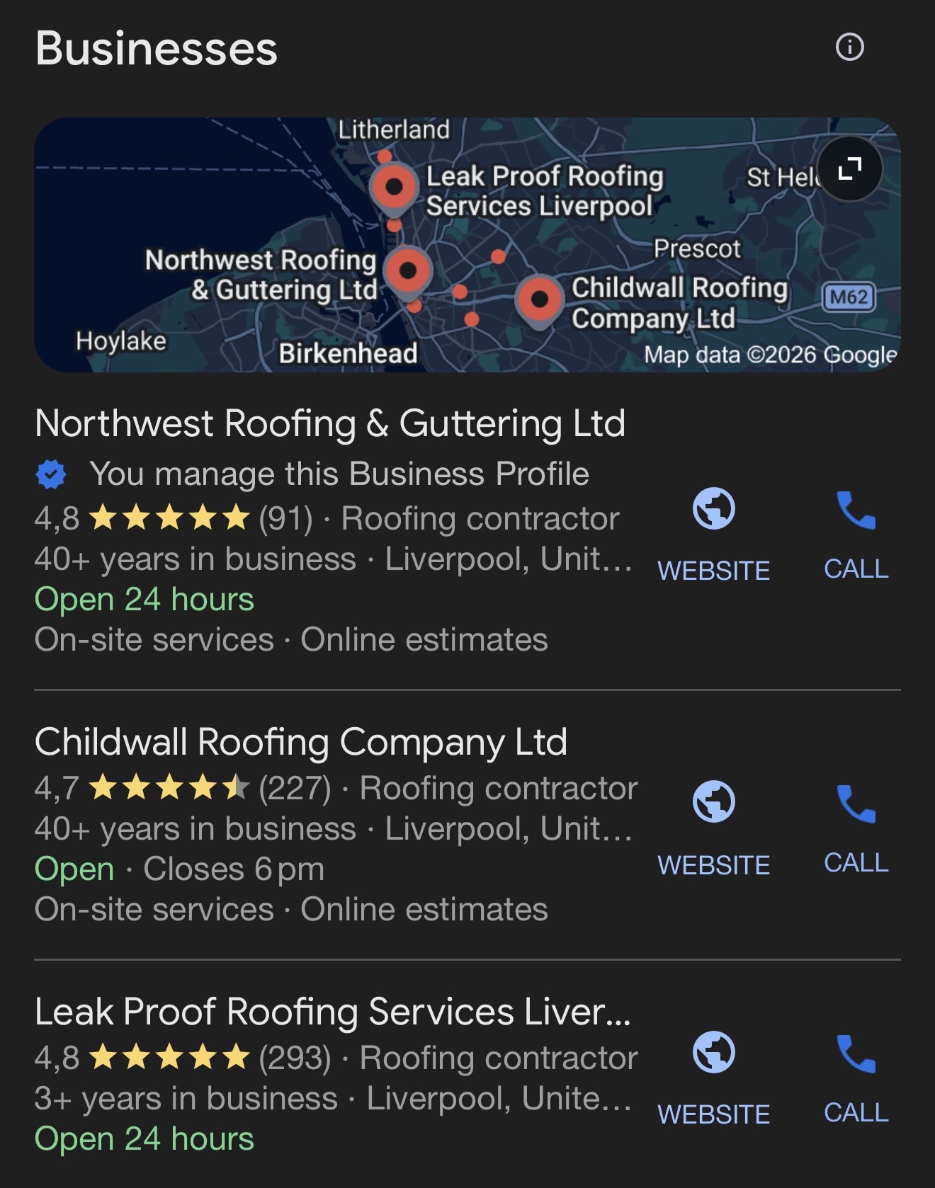Map pack for roofing contractor Liverpool with Northwest Roofing first