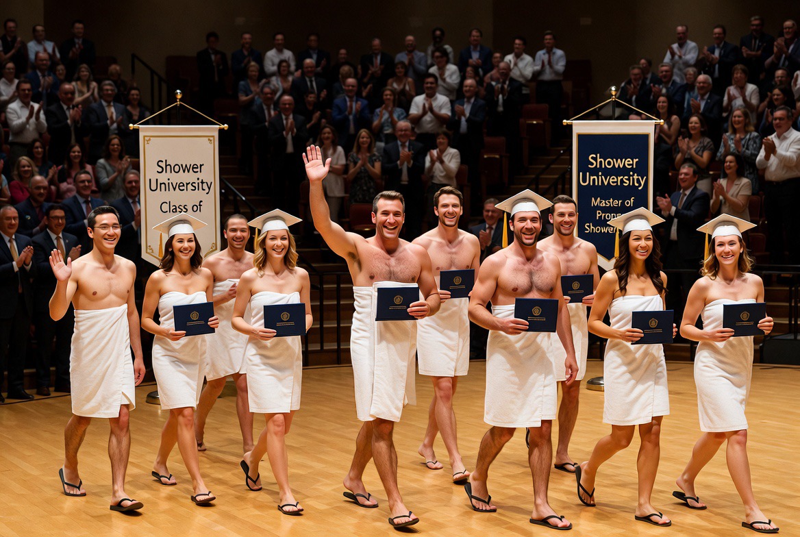Shower University graduates in towels
