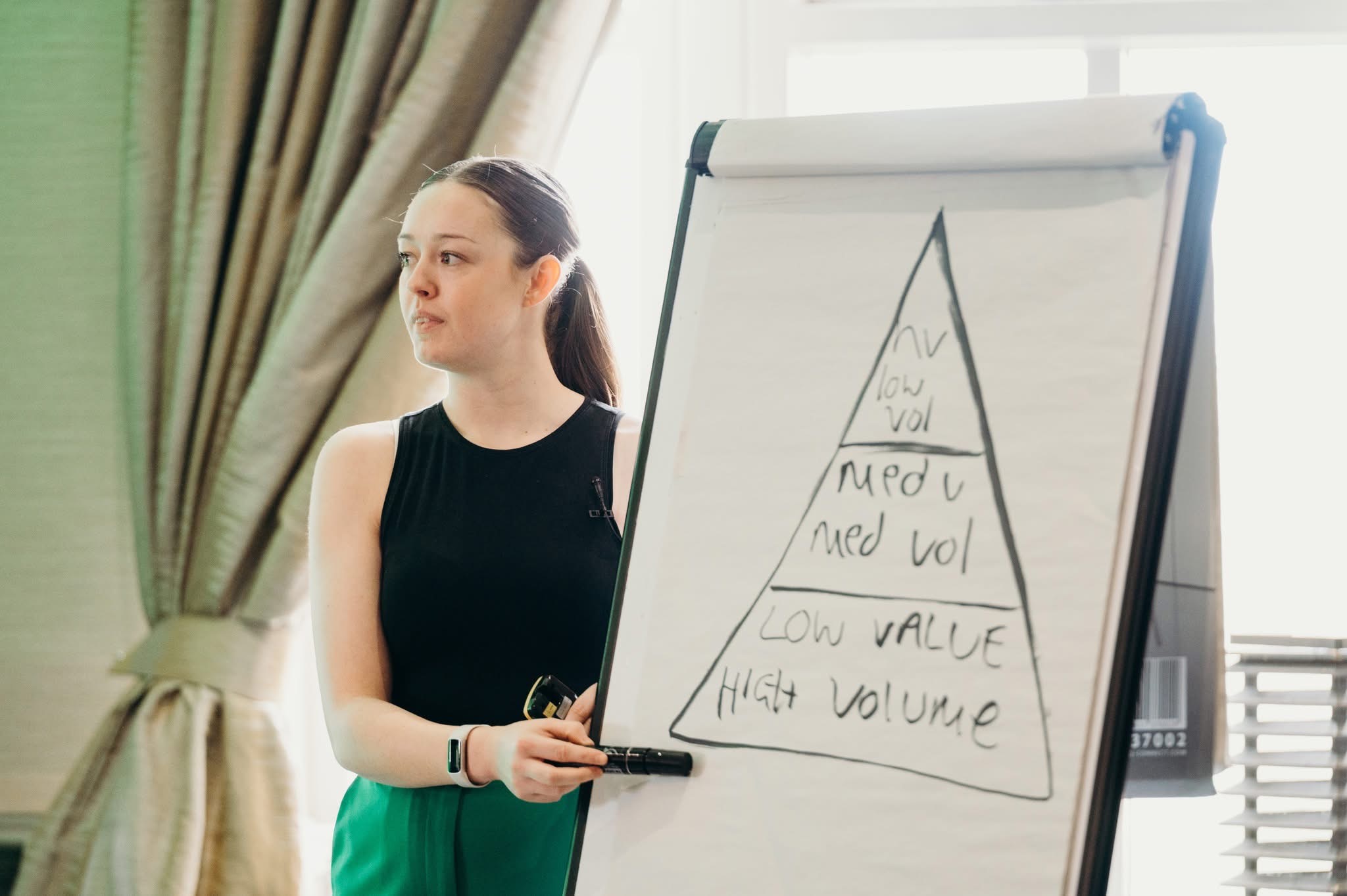 Katie Harvey pointing to a flip chart