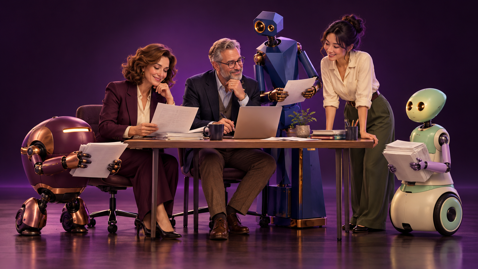 Three business people work alongside individual robot assistants with different designs and colours. Treat the image as a conceptual representation, not a customer photo.