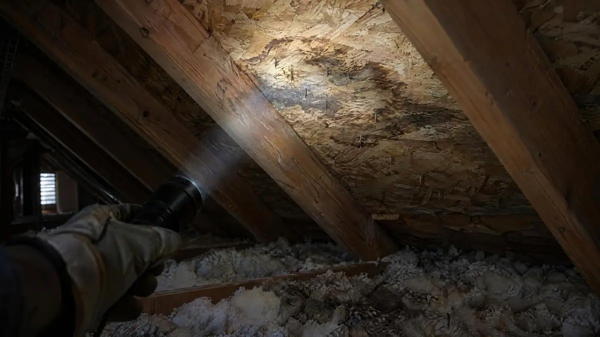 A flashlight beam on the underside of a roof deck in an attic