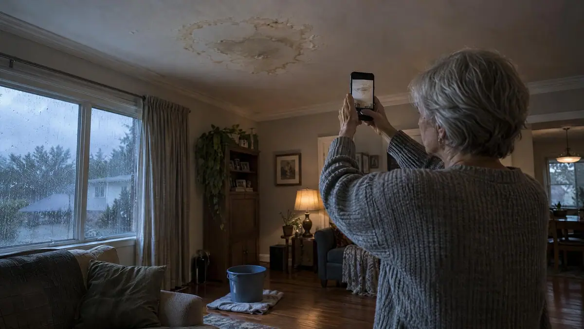 A homeowner photographs a water stain on her living room ceiling with her phone