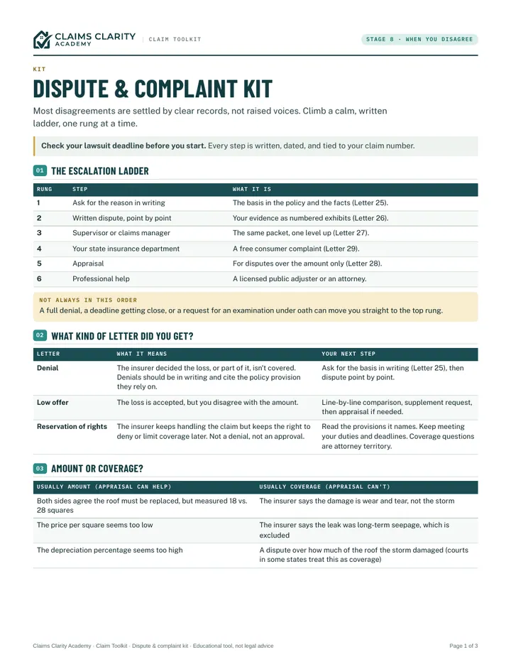 Dispute kit, first page