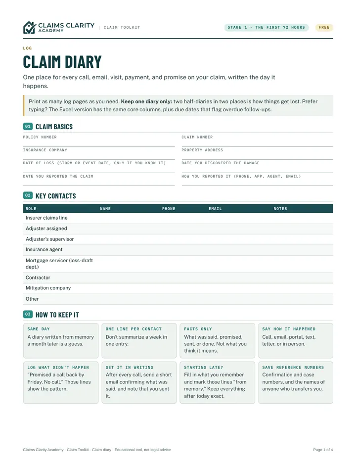 Claim diary, first page