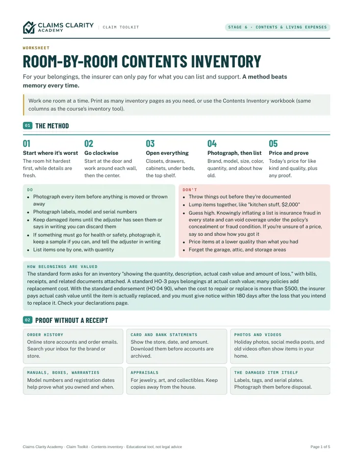 Contents inventory, first page