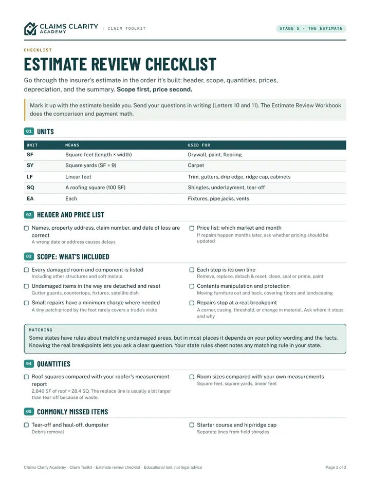 Estimate review, first page