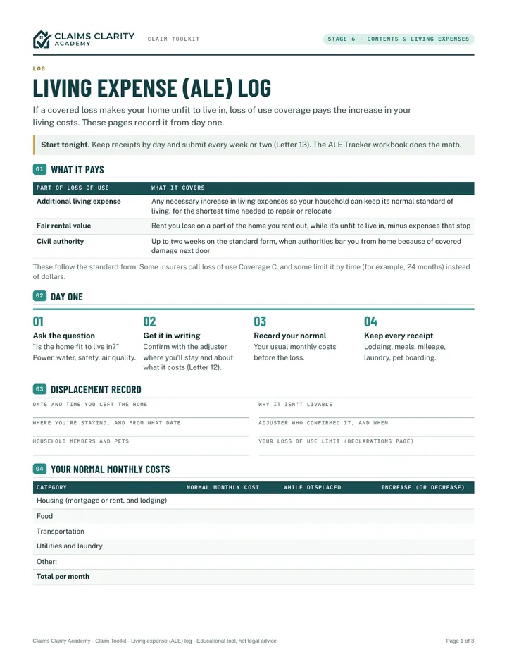 Living expense log, first page