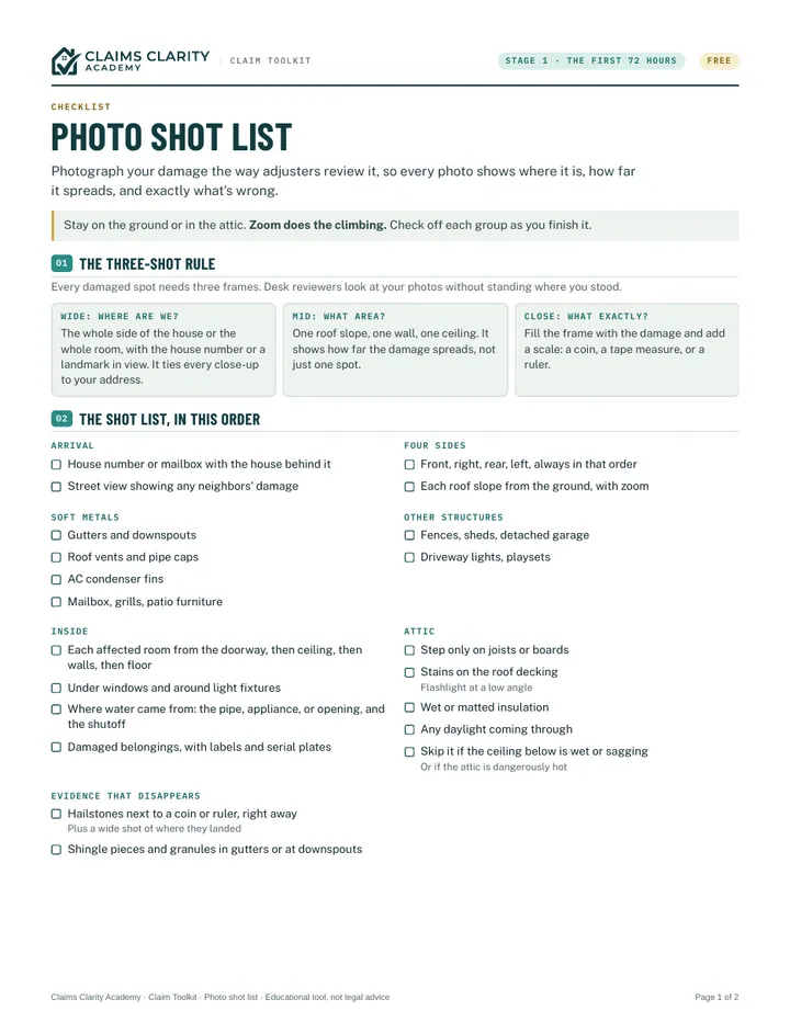 Photo shot list, first page