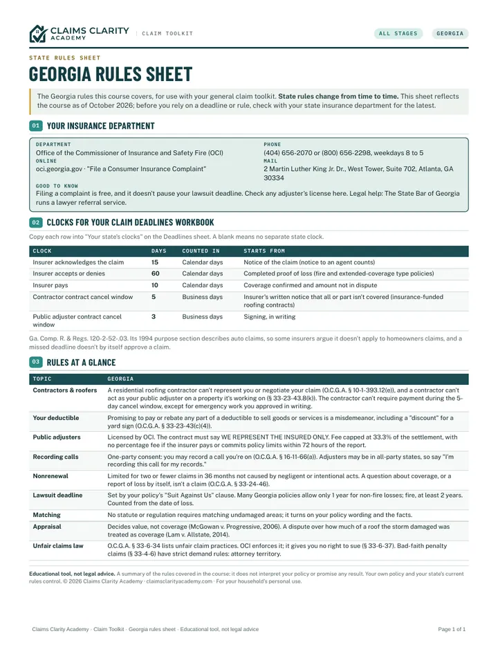 Georgia rules sheet, first page