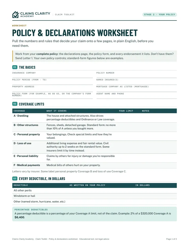 Policy worksheet, first page