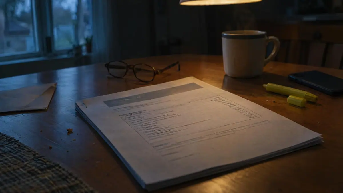 A homeowner’s insurance declarations page on a kitchen table, with reading glasses and highlighters