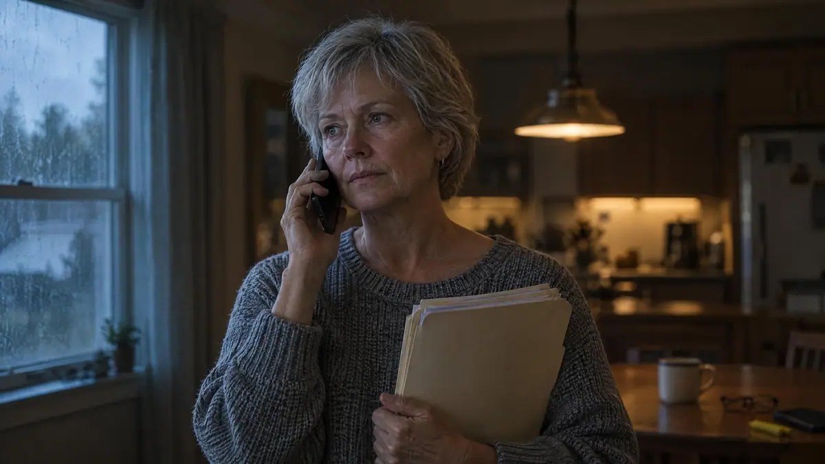 A homeowner on the phone in her kitchen, holding a folder of claim papers
