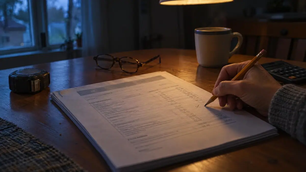 An insurance estimate on a kitchen table under a lamp, with a pencil, a calculator and a tape measure