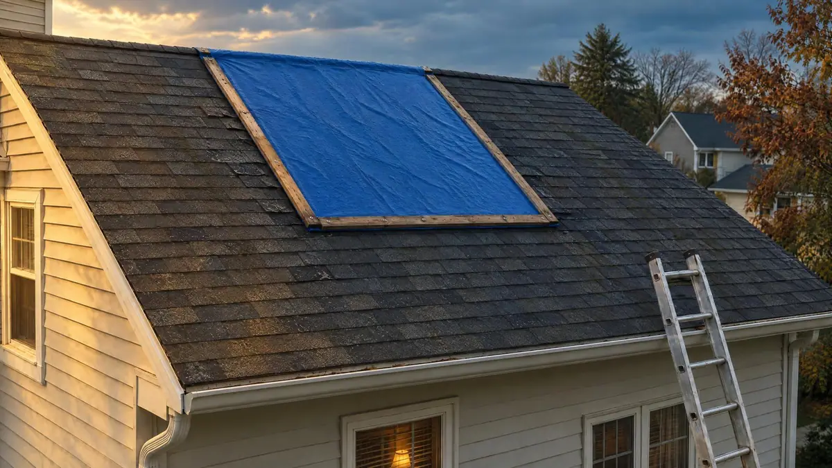 A blue tarp nailed over a damaged section of shingle roof, with a ladder against the eave