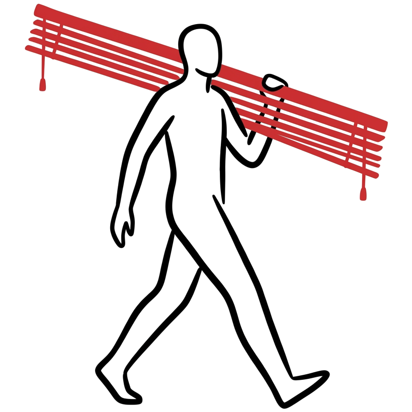Illustration of an operator carrying blinds over one shoulder