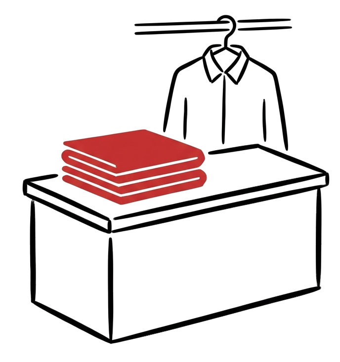 Illustration of a shop counter with blinds and a garment on a hanger