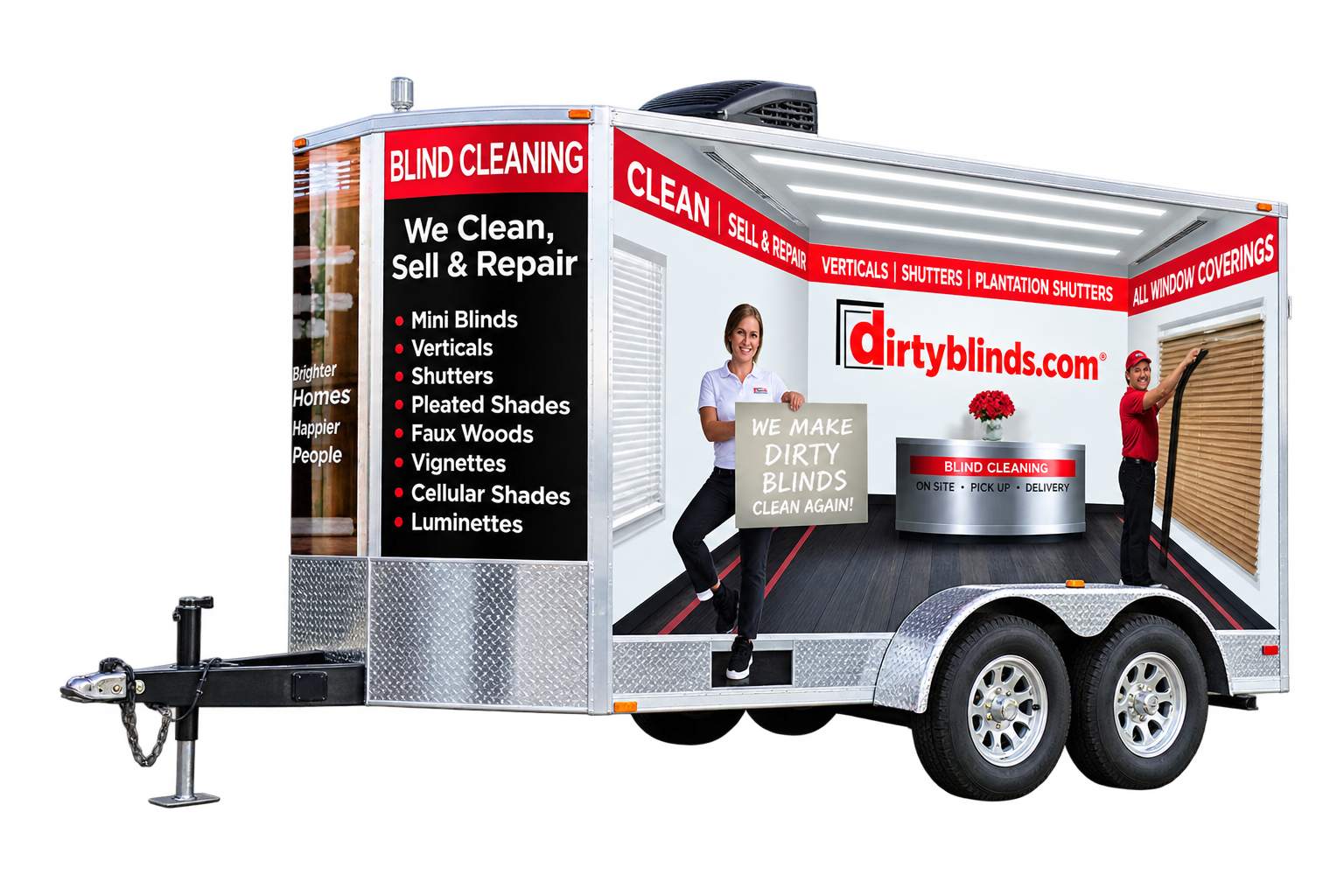 DirtyBlinds.com mobile blind cleaning trailer on site