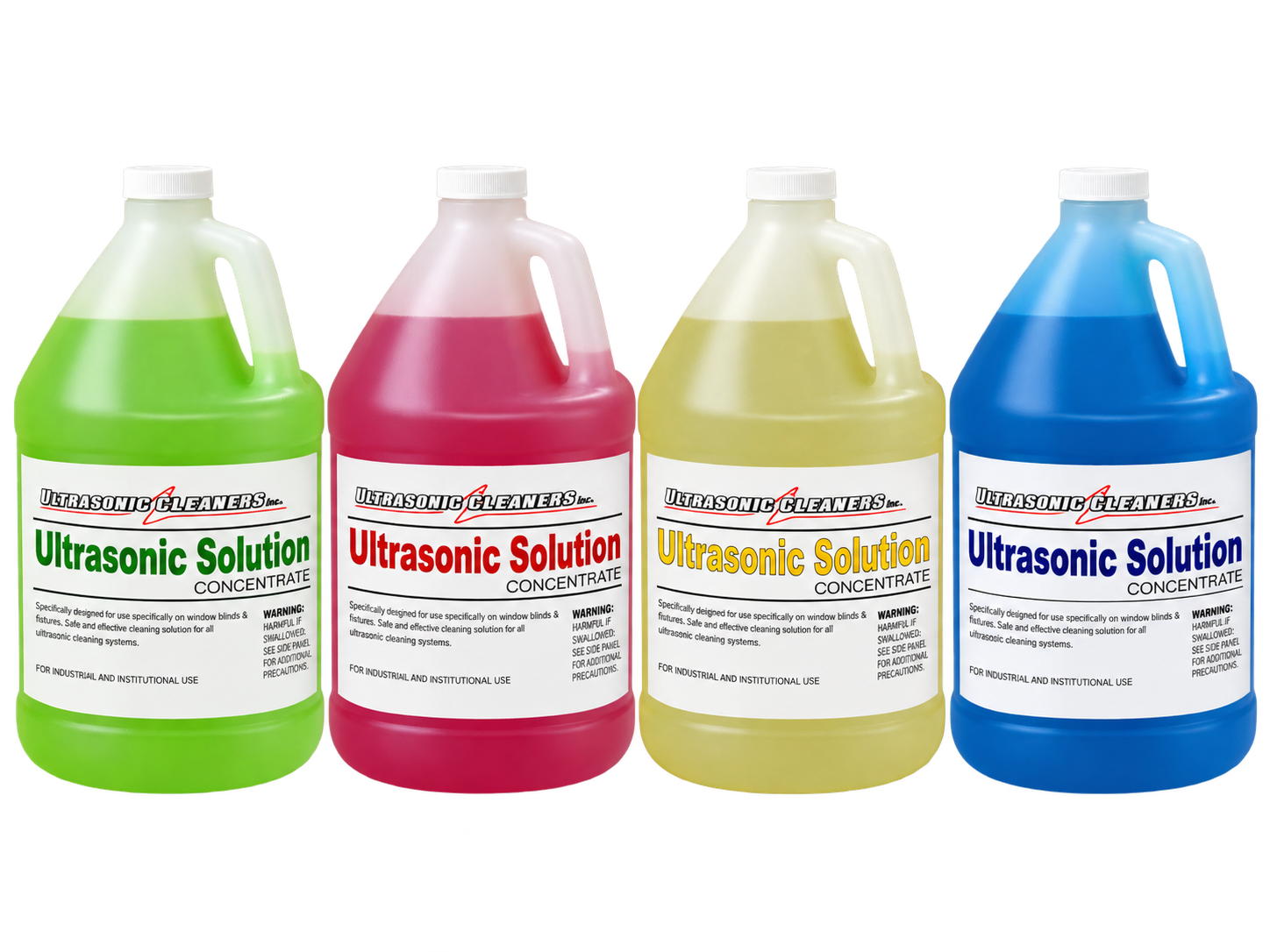 The four DirtyBlinds.com cleaning solutions in one gallon jugs