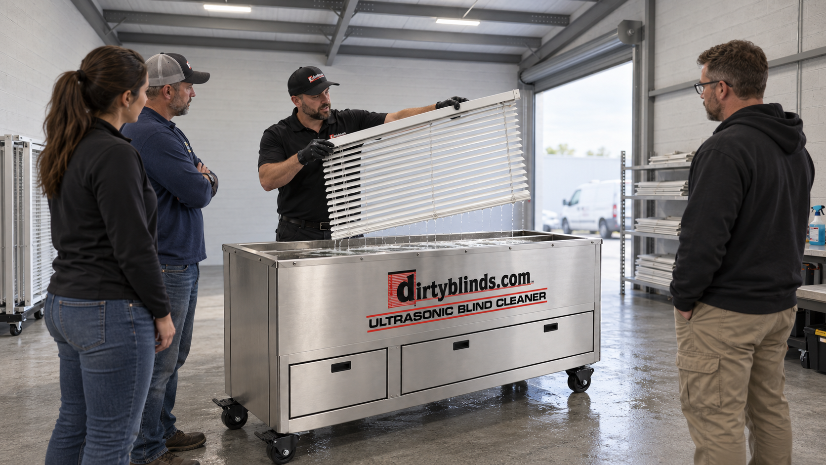 A DirtyBlinds.com ultrasonic cleaning machine in a shop
