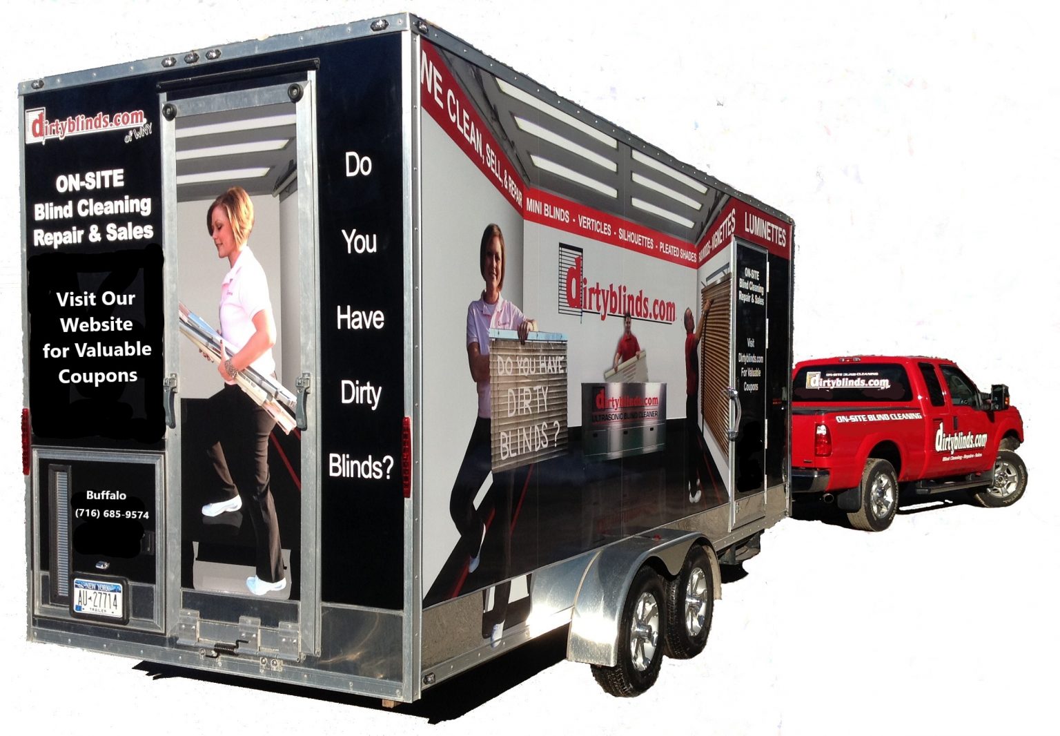 Red DirtyBlinds.com truck towing a wrapped mobile blind cleaning trailer