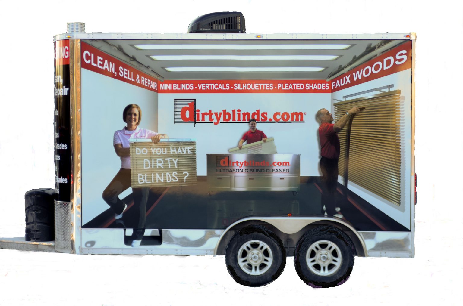 Mobile ultrasonic blind cleaning trailer on site