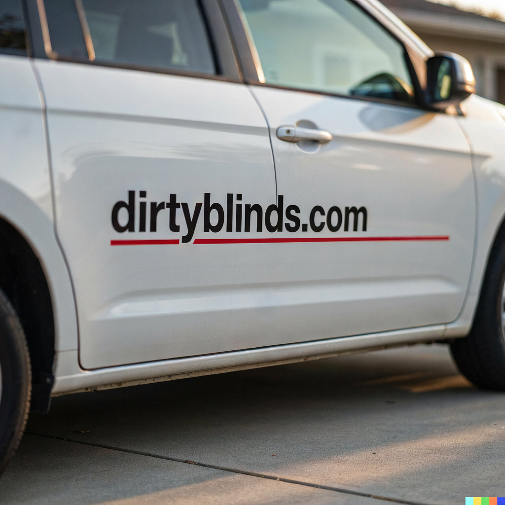 A work van with dirtyblinds.com lettered on the side