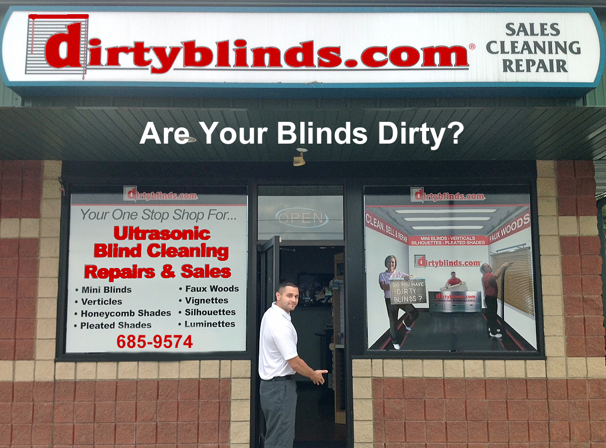 A DirtyBlinds.com storefront with the brand sign