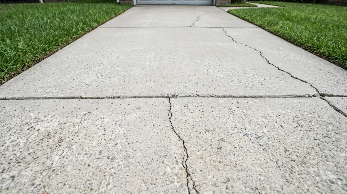 The same concrete driveway after cleaning, bright and even
