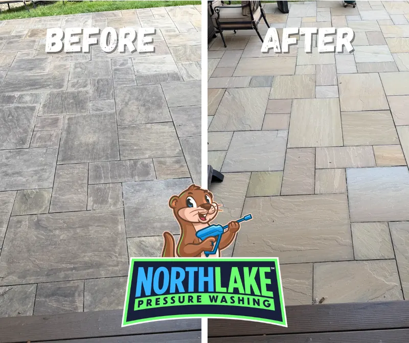 Before and after cleaning of a stone patio at a home in Avon, Ohio