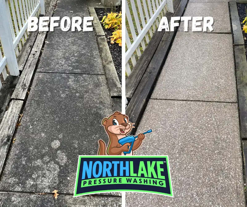 Before and after cleaning of a concrete walkway beside a white fence