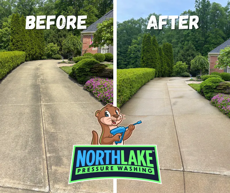 Before and after cleaning of a concrete driveway at a home in Avon, Ohio