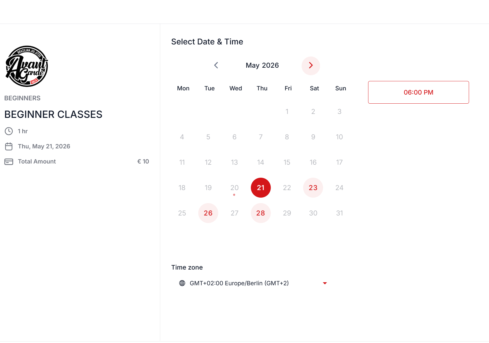 Click to book your Beginner BJJ Trial Class calendar