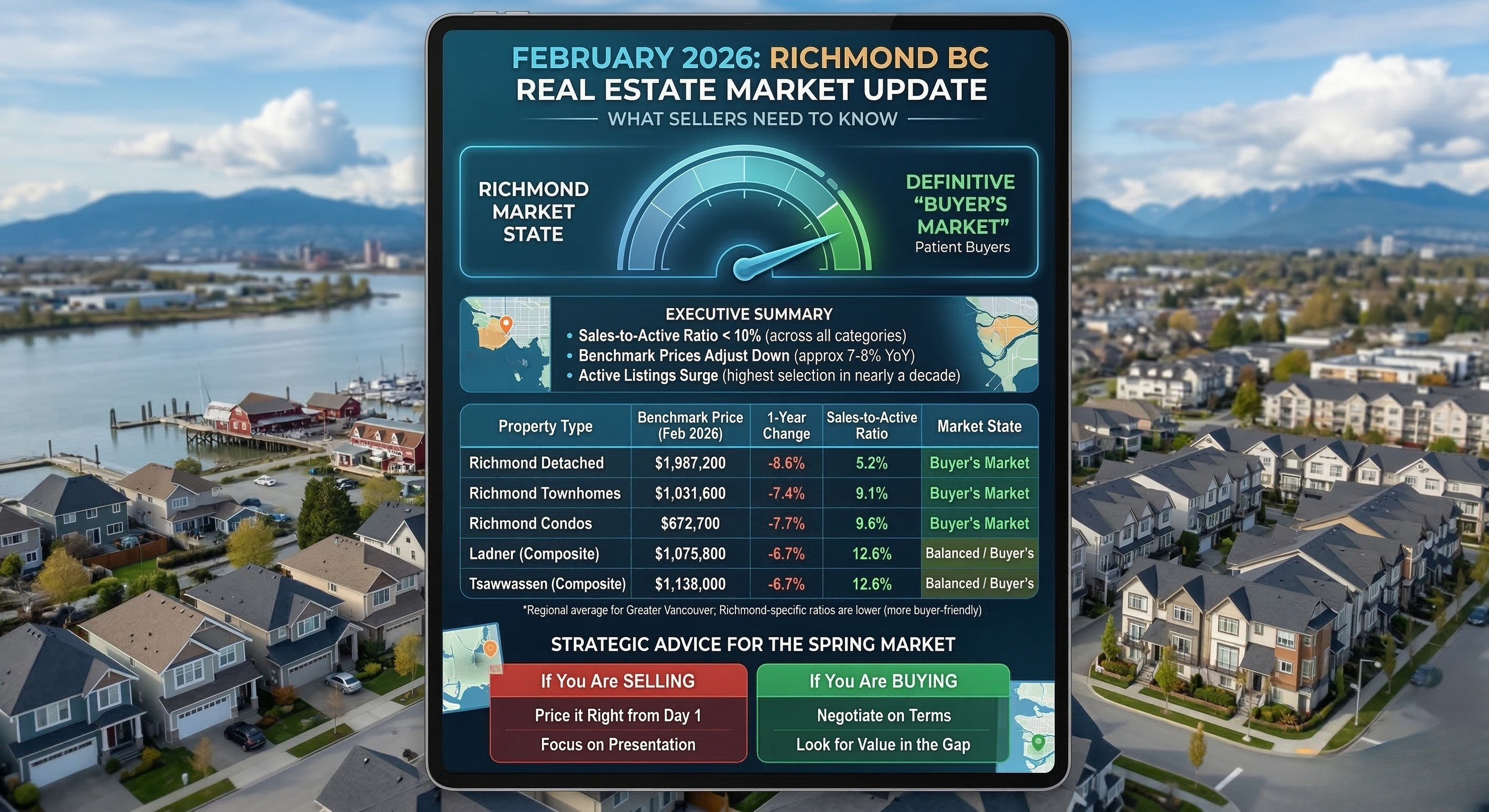February 2026: What Sellers Need to Know The "new normal" has officially arrived in the Richmond BC Real Estate Market. As we move into the spring season, the data from February 2026 reveals a significant shift in leverage, moving away from sellers and firmly into the hands of patient buyers. Executive Summary: The Richmond market has transitioned into a definitive "Buyer's Market," with sales-to-active ratios falling below 10% across all major property categories. While benchmark prices have adjusted downward by approximately 7 - 8% year-over-year, the surge in active listings is providing local families with the most selection they’ve seen in nearly a decade. Here’s the bottom line: Success in this market now requires surgical precision in pricing and a deep understanding of neighborhood-specific micro-trends. Richmond & South Delta: The Data Breakdown Understanding the numbers is the first step to making a smart move. Why does this matter? Because the "Greater Vancouver" average often masks what is actually happening on the ground in Steveston or Ladner. Property Type Benchmark Price (Feb 2026)1-Year Change Sales-to-Active Ratio Market State Richmond Detached $1,987,200 - 8.6% 5.2% Buyer's Market Richmond Townhomes $1,031,600-7.4%9.1%Buyer's Market Richmond Condos$672,700-7.7%9.6%Buyer's Market Ladner (Composite)$1,075,800-6.7%12.6%*Balanced / Buyer's Tsawwassen (Composite)$1,138,000-6.7%12.6%*Balanced / Buyer's *Regional average for Greater Vancouver. Richmond-specific ratios are currently lower (more buyer-friendly). Local Commentary: Neighborhood Deep Dive Steveston Property Values Steveston remains one of the most sought-after pockets in the Lower Mainland, but it hasn't been immune to the broader correction. Steveston Village and Steveston South detached benchmarks have adjusted by roughly 11% over the past 12 months. But wait, there’s a silver lining: If you own a townhome in Steveston North, you’re sitting on one of the few asset classes that actually saw a benchmark increase (+1.6% YoY). This highlights a "flight to quality" where buyers are competing for limited inventory in established family-oriented school catchments. Terra Nova & West Richmond In Terra Nova, detached benchmarks are holding at $2,274,700. While this is a 7% dip from last year, it represents a smaller correction than seen in areas like Seafair (-9.4%) or Broadmoor (-9.3%). Buyers in these luxury enclaves are currently very sensitive to "Days on Market," which has climbed to an average of 41 days for detached homes. Ladner MLS Stats South Delta is offering a compelling value alternative for those priced out of Richmond. With a composite benchmark of $1,075,800, Ladner is attracting young families who are looking for more "dirt" for their dollar. However, with sales down 30% year-over-year, sellers in Ladner must be prepared for longer showing periods. Strategic Advice for the Spring Market If you are Selling: In a market with a 5.2% sales-to-active ratio for detached homes, you are essentially competing in a beauty pageant and a price war at the same time. Price it right from Day 1:"Testing the market" is a dangerous strategy right now. Overpriced homes are being ignored, eventually selling for less than they would have if priced correctly at the start. Focus on Presentation: With 16% more condos and 15% more townhomes on the market than last year, your property needs to stand out. Professional staging and high-end digital marketing are no longer optional. If you are Buying: This is the opportunity many have been waiting for. Negotiate on Terms: You no longer have to strip away subjects to win a bid. Use this time to conduct thorough inspections and secure your financing without the "multiple offer" pressure. Look for Value in the "Gap": The price gap between townhomes and detached houses has widened. If you’ve been looking to "up-size," the cost to move from a strata property to a freehold home in Richmond is more favorable now than it was in 2024 or 2025. Thinking of making a move in Richmond or South Delta? The market is moving fast, even when the data says it's "slow." As a top agent, I help my clients navigate these shifts with data-backed strategies that get results. Contact Michael Cowling today for a custom evaluation of your home’s value. February 2026: What Sellers Need to Know The "new normal" has officially arrived in the Richmond BC Real Estate Market. As we move into the spring season, the data from February 2026 reveals a significant shift in leverage, moving away from sellers and firmly into the hands of patient buyers. Executive Summary: The Richmond market has transitioned into a definitive "Buyer's Market," with sales-to-active ratios falling below 10% across all major property categories. While benchmark prices have adjusted downward by approximately 7 - 8% year-over-year, the surge in active listings is providing local families with the most selection they’ve seen in nearly a decade. Here’s the bottom line: Success in this market now requires surgical precision in pricing and a deep understanding of neighborhood-specific micro-trends. Richmond & South Delta: The Data Breakdown Understanding the numbers is the first step to making a smart move. Why does this matter? Because the "Greater Vancouver" average often masks what is actually happening on the ground in Steveston or Ladner. Property Type Benchmark Price (Feb 2026)1-Year Change Sales-to-Active Ratio Market State Richmond Detached $1,987,200 - 8.6% 5.2% Buyer's Market Richmond Townhomes $1,031,600-7.4%9.1%Buyer's Market Richmond Condos$672,700-7.7%9.6%Buyer's Market Ladner (Composite)$1,075,800-6.7%12.6%*Balanced / Buyer's Tsawwassen (Composite)$1,138,000-6.7%12.6%*Balanced / Buyer's *Regional average for Greater Vancouver. Richmond-specific ratios are currently lower (more buyer-friendly). Local Commentary: Neighborhood Deep Dive Steveston Property Values Steveston remains one of the most sought-after pockets in the Lower Mainland, but it hasn't been immune to the broader correction. Steveston Village and Steveston South detached benchmarks have adjusted by roughly 11% over the past 12 months. But wait, there’s a silver lining: If you own a townhome in Steveston North, you’re sitting on one of the few asset classes that actually saw a benchmark increase (+1.6% YoY). This highlights a "flight to quality" where buyers are competing for limited inventory in established family-oriented school catchments. Terra Nova & West Richmond In Terra Nova, detached benchmarks are holding at $2,274,700. While this is a 7% dip from last year, it represents a smaller correction than seen in areas like Seafair (-9.4%) or Broadmoor (-9.3%). Buyers in these luxury enclaves are currently very sensitive to "Days on Market," which has climbed to an average of 41 days for detached homes. Ladner MLS Stats South Delta is offering a compelling value alternative for those priced out of Richmond. With a composite benchmark of $1,075,800, Ladner is attracting young families who are looking for more "dirt" for their dollar. However, with sales down 30% year-over-year, sellers in Ladner must be prepared for longer showing periods. Strategic Advice for the Spring Market If you are Selling: In a market with a 5.2% sales-to-active ratio for detached homes, you are essentially competing in a beauty pageant and a price war at the same time. Price it right from Day 1:"Testing the market" is a dangerous strategy right now. Overpriced homes are being ignored, eventually selling for less than they would have if priced correctly at the start. Focus on Presentation: With 16% more condos and 15% more townhomes on the market than last year, your property needs to stand out. Professional staging and high-end digital marketing are no longer optional. If you are Buying: This is the opportunity many have been waiting for. Negotiate on Terms: You no longer have to strip away subjects to win a bid. Use this time to conduct thorough inspections and secure your financing without the "multiple offer" pressure. Look for Value in the "Gap": The price gap between townhomes and detached houses has widened. If you’ve been looking to "up-size," the cost to move from a strata property to a freehold home in Richmond is more favorable now than it was in 2024 or 2025. Thinking of making a move in Richmond or South Delta? The market is moving fast, even when the data says it's "slow." As a top agent, I help my clients navigate these shifts with data-backed strategies that get results. Contact Michael Cowling today for a custom evaluation of your home’s value.