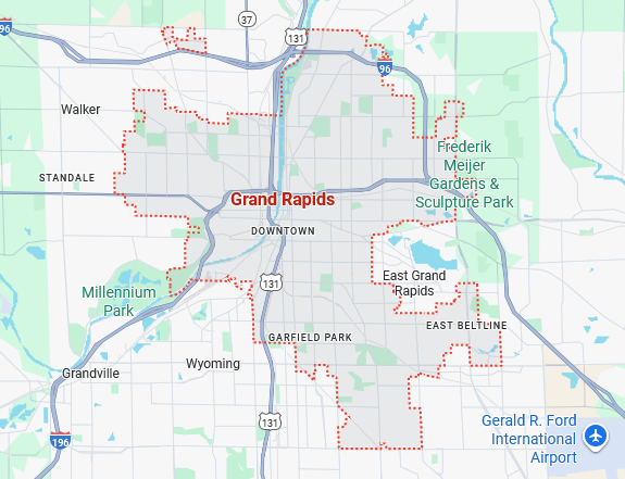 Map of Grand Rapids, MI showing WMTS location, providing outsourced IT support and cybersecurity services.