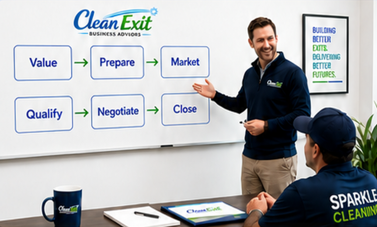 Clean Exit advisor walking a client through the Value, Prepare, Market, Qualify, Negotiate, Close process