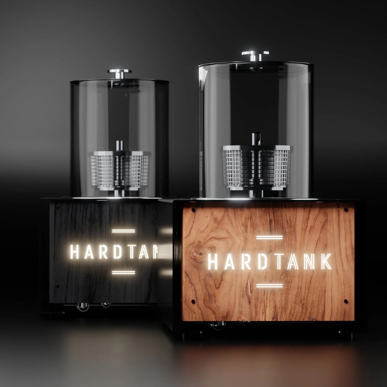 Baby Hardtank with glowing logo on walnut front