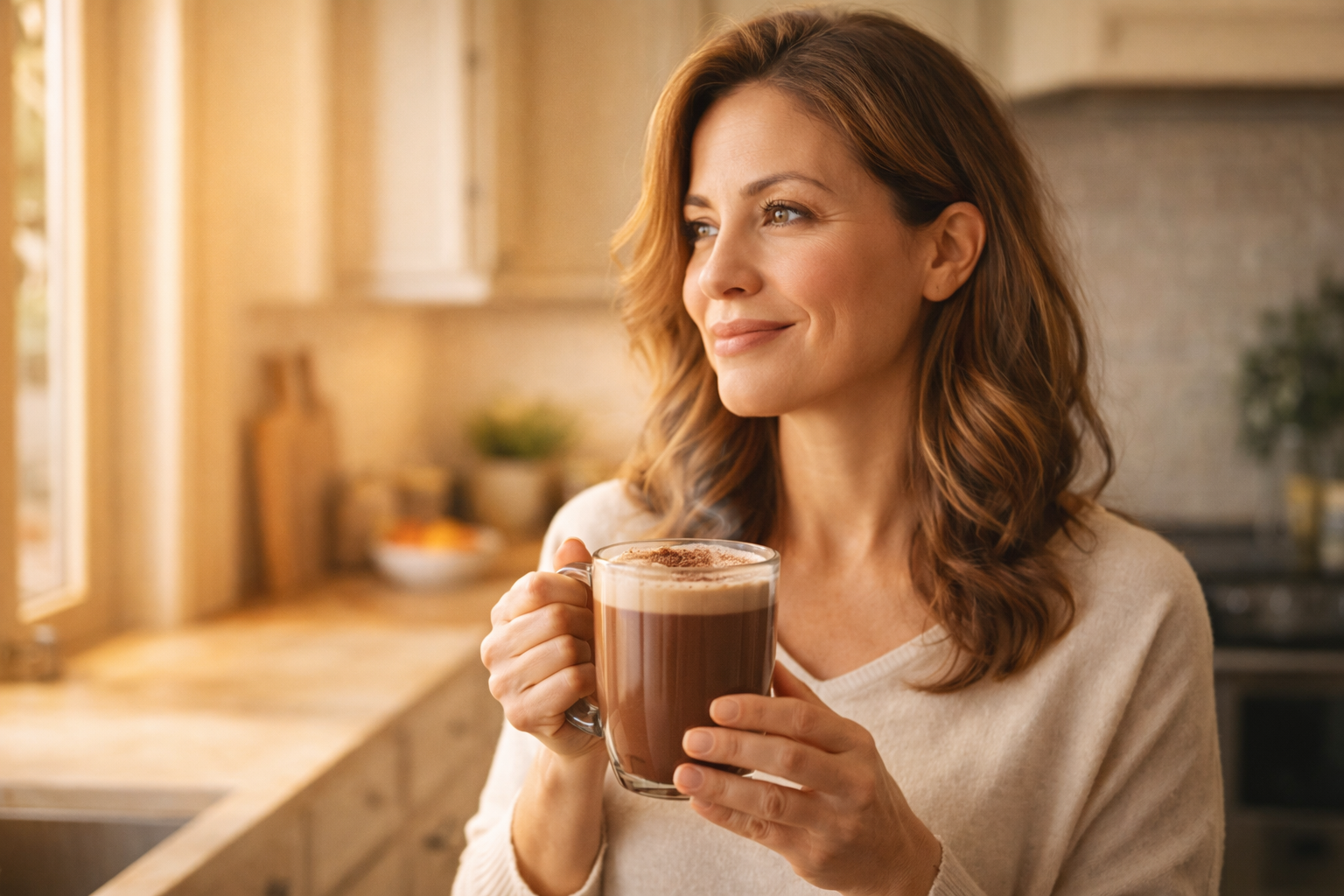Donna che gusta la bevanda proteica al cioccolato al mattino