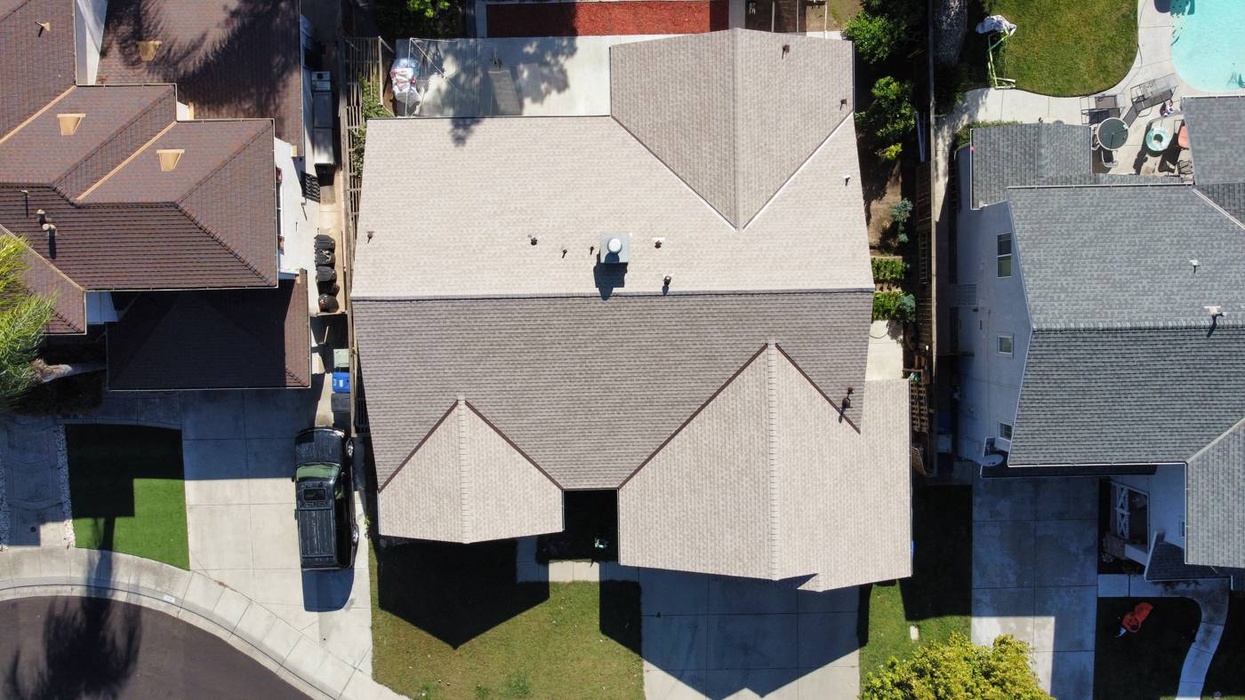 Finished tan roof overhead aerial