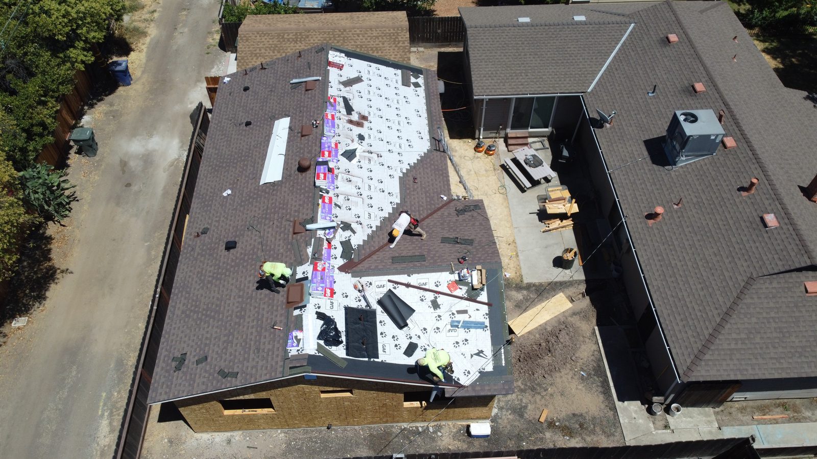 Aerial view of a Modesto-area home mid roof replacement