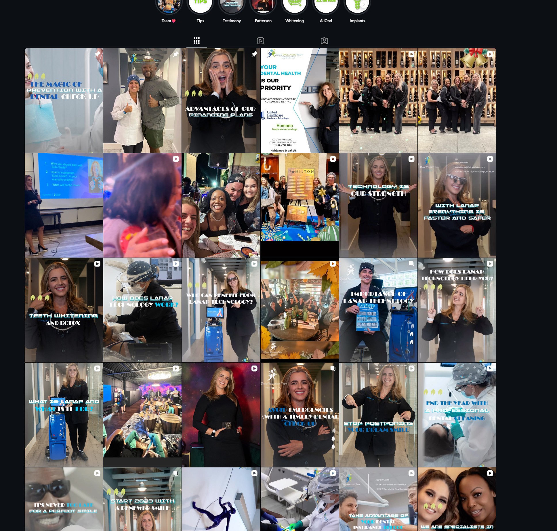Dental Wellness Team Instagram grid showing dated 2022-2023 content