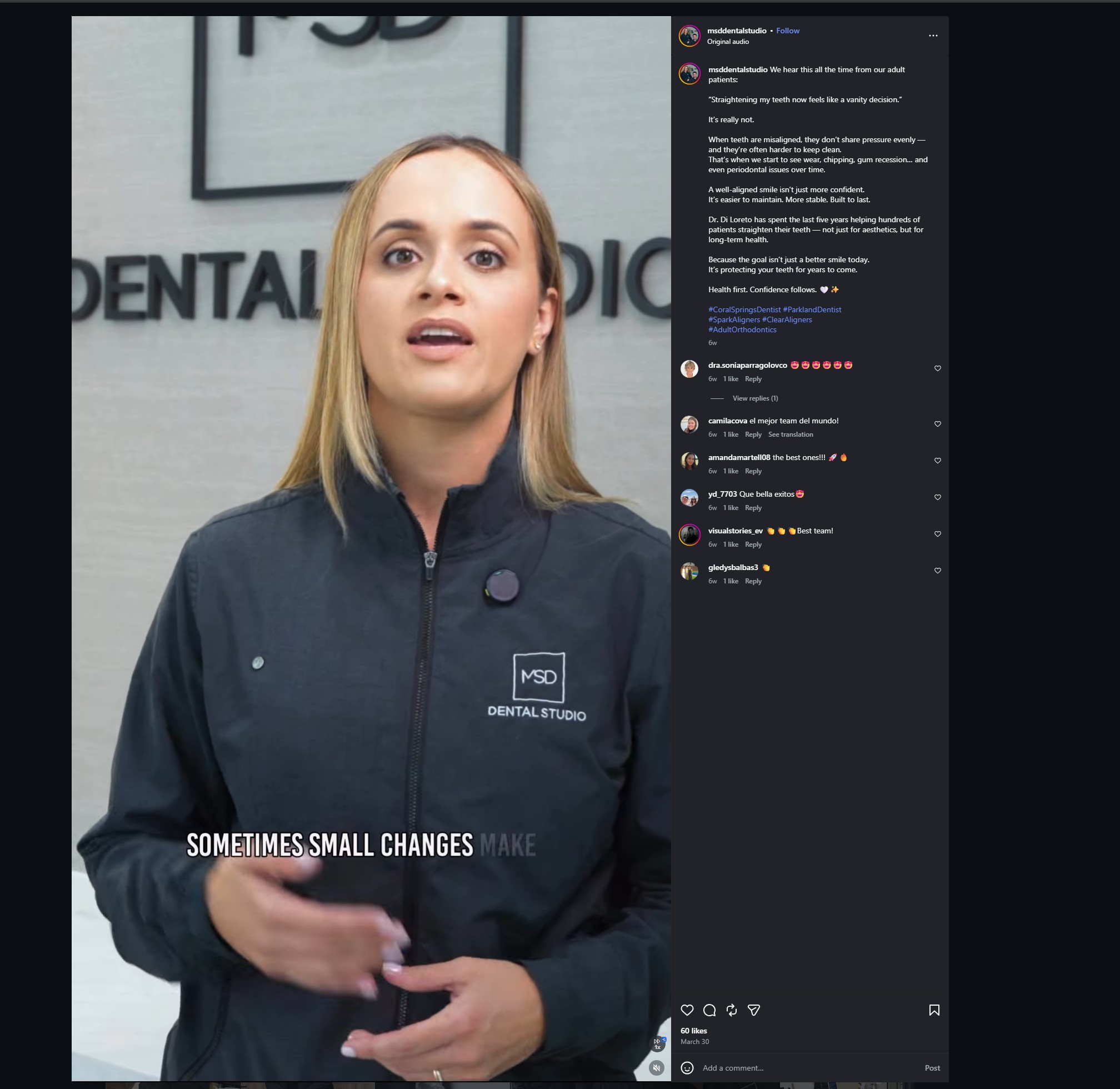 MSD Dental Studio Instagram reel showing Dr. Di Loreto on camera