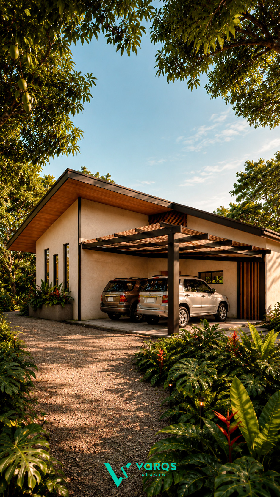 Fachada de proyecto residencial de VARQS Studio integrada a vegetación tropical