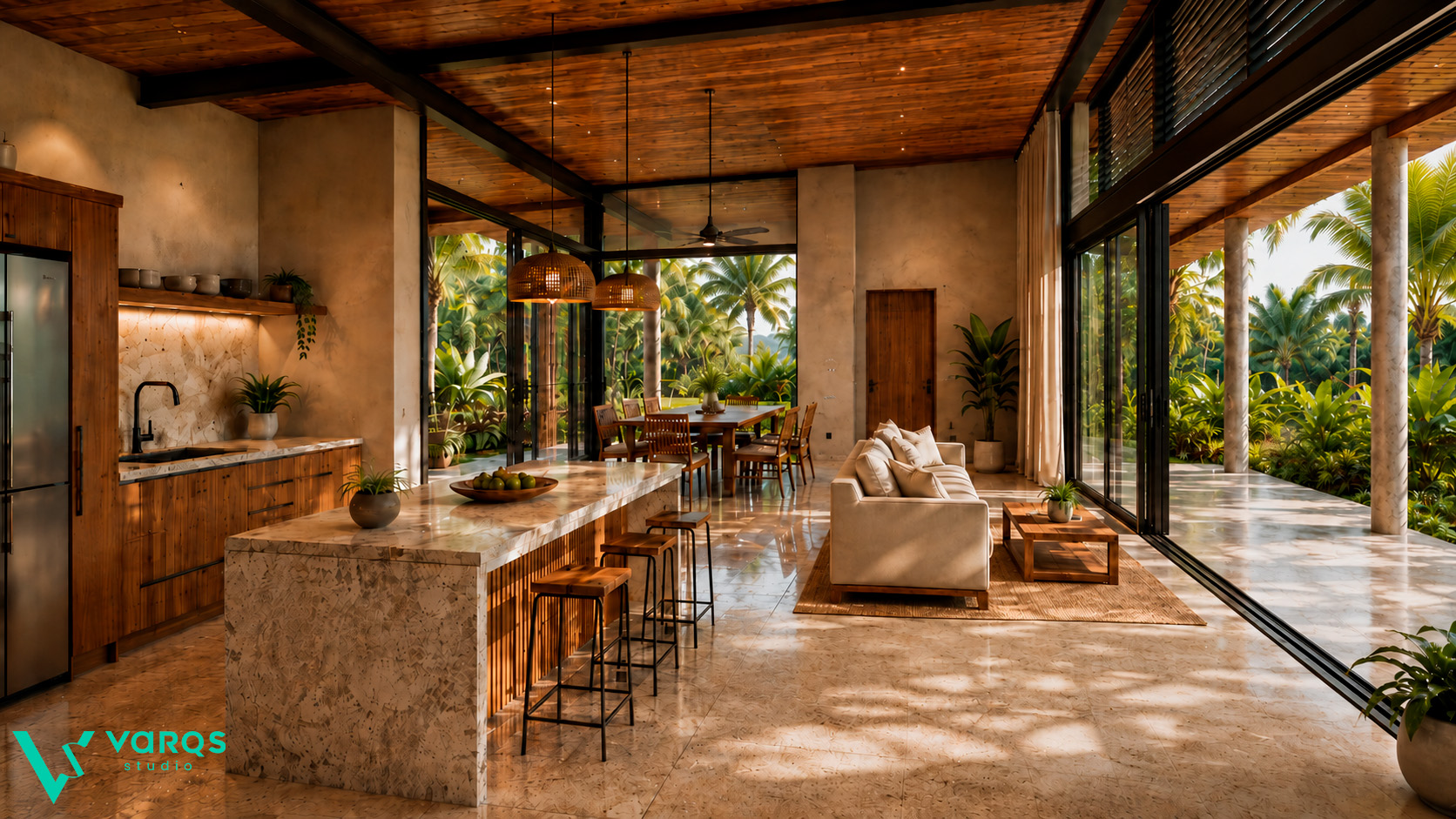 Cocina y living integrado de proyecto residencial de VARQS Studio, estilo tropical minimalista