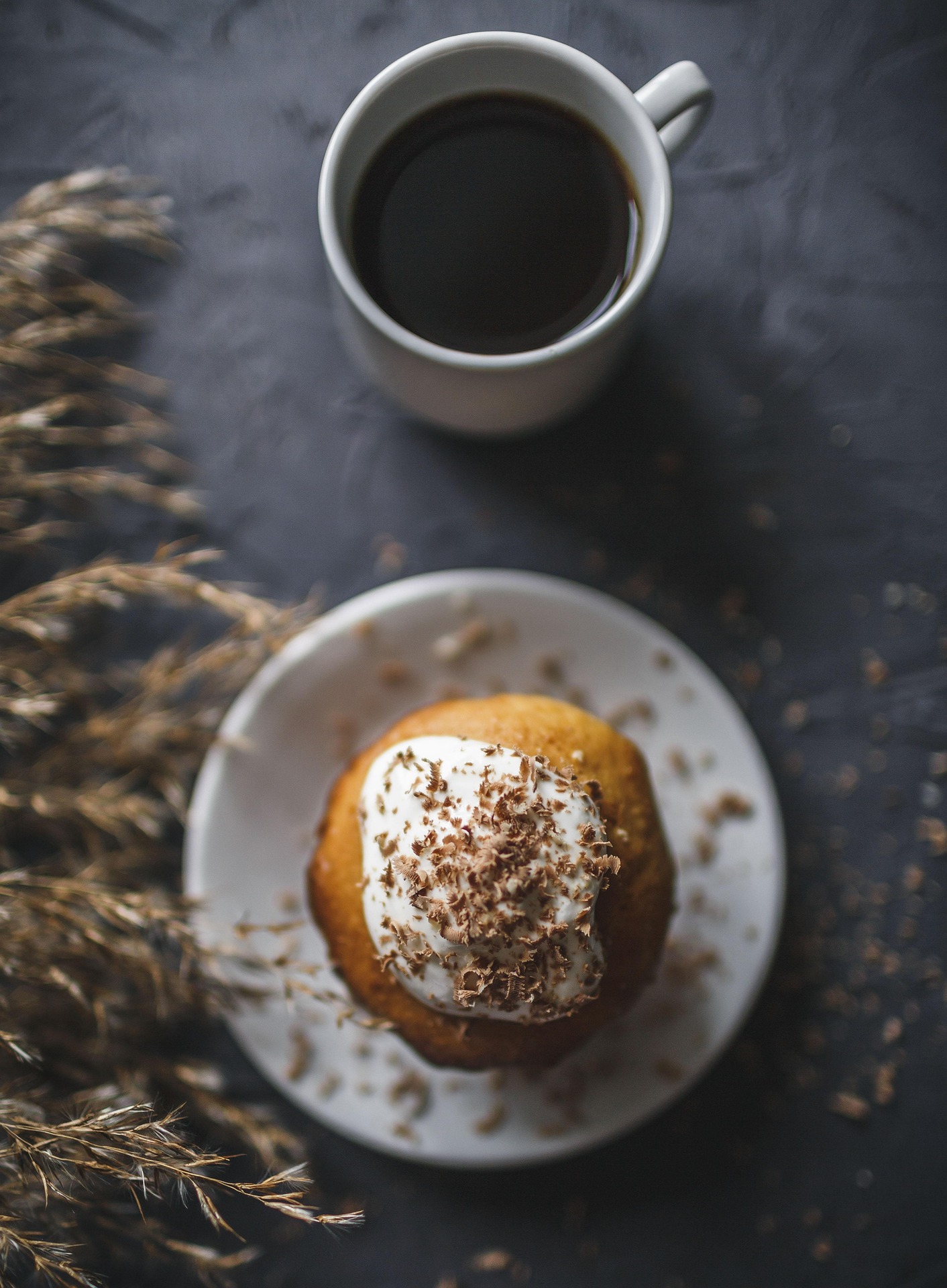 Overhead coffee and dessert composition