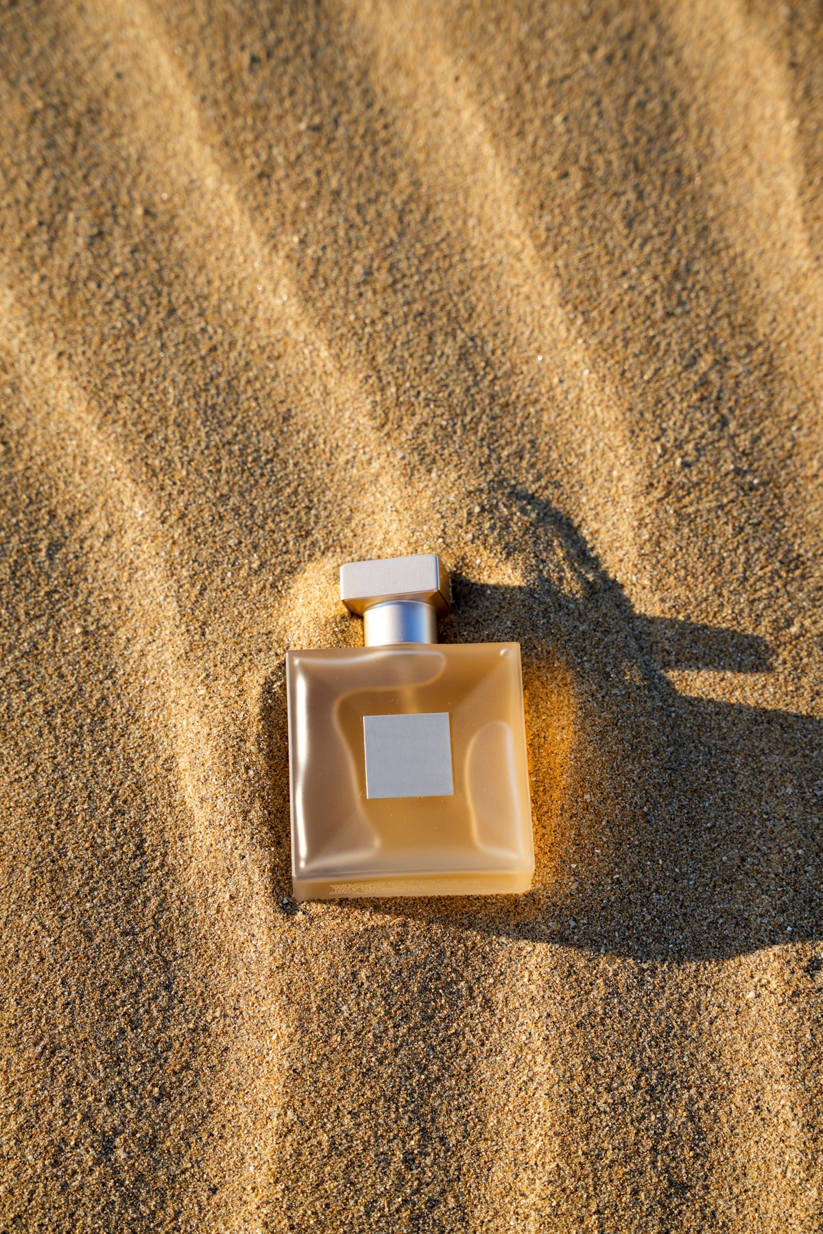 Perfume bottle styled in warm beach sand