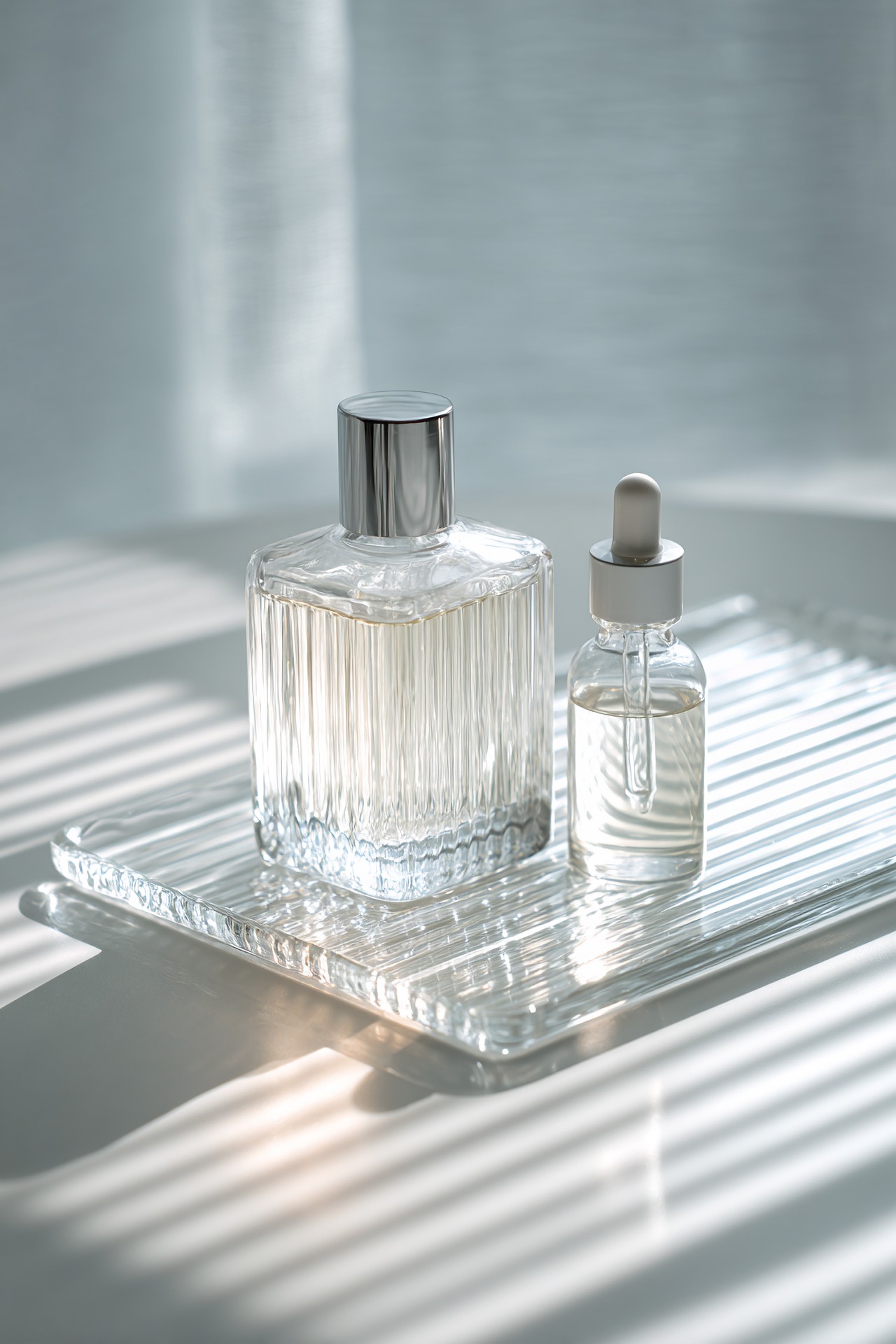 Minimal perfume product styling in natural light