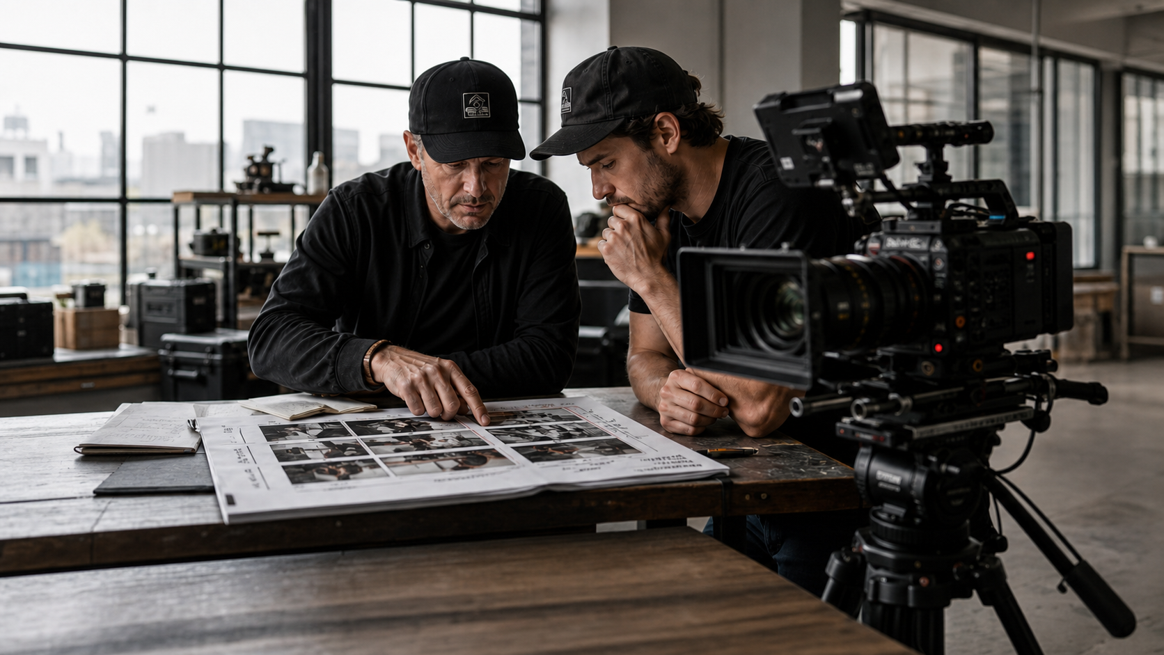 Two filmmakers planning a production beside a cinema camera