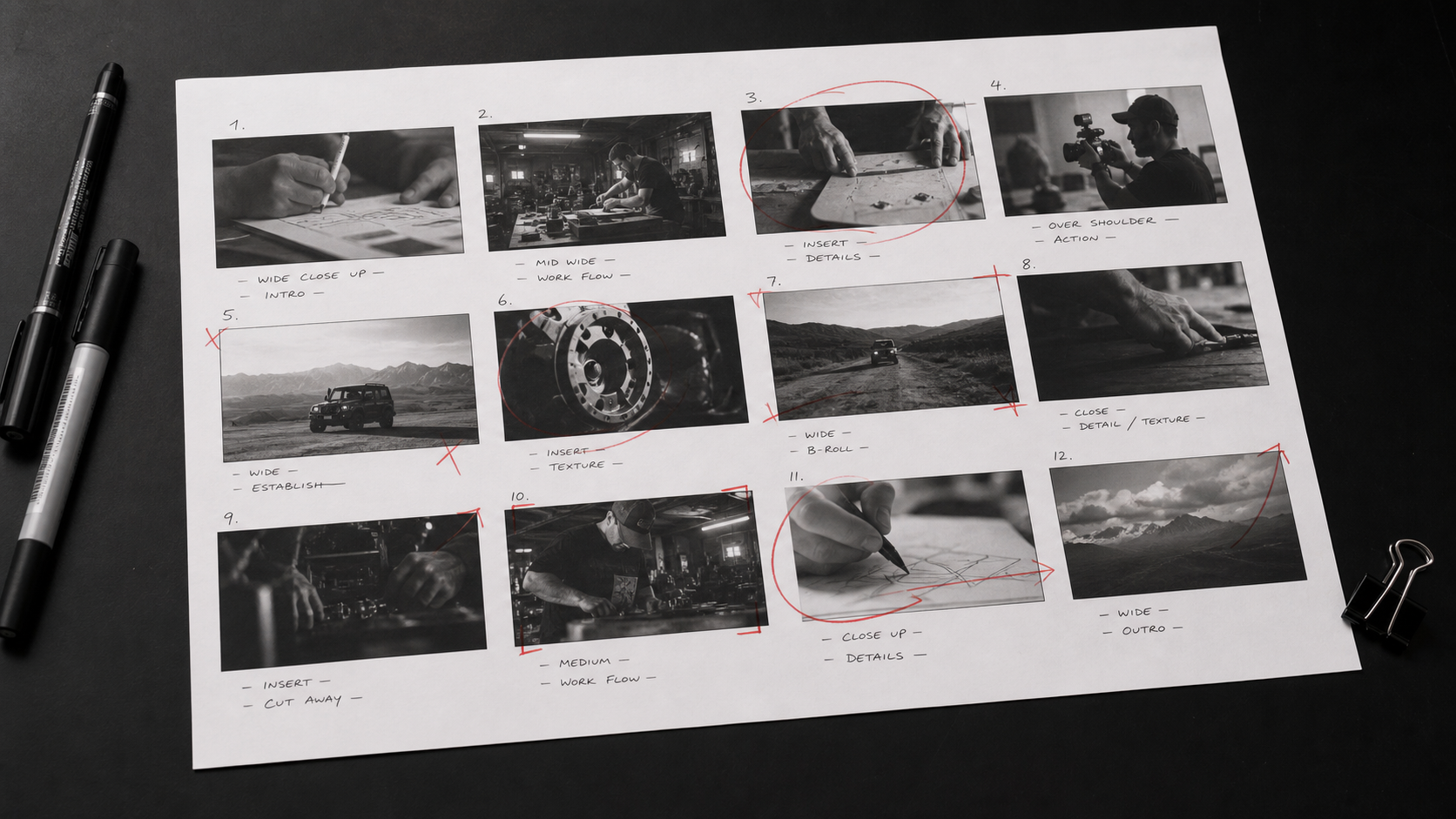 Production storyboard with red editorial notes