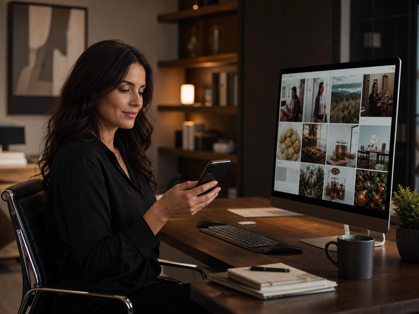 A woman discovers a message while using her phone and desktop computer