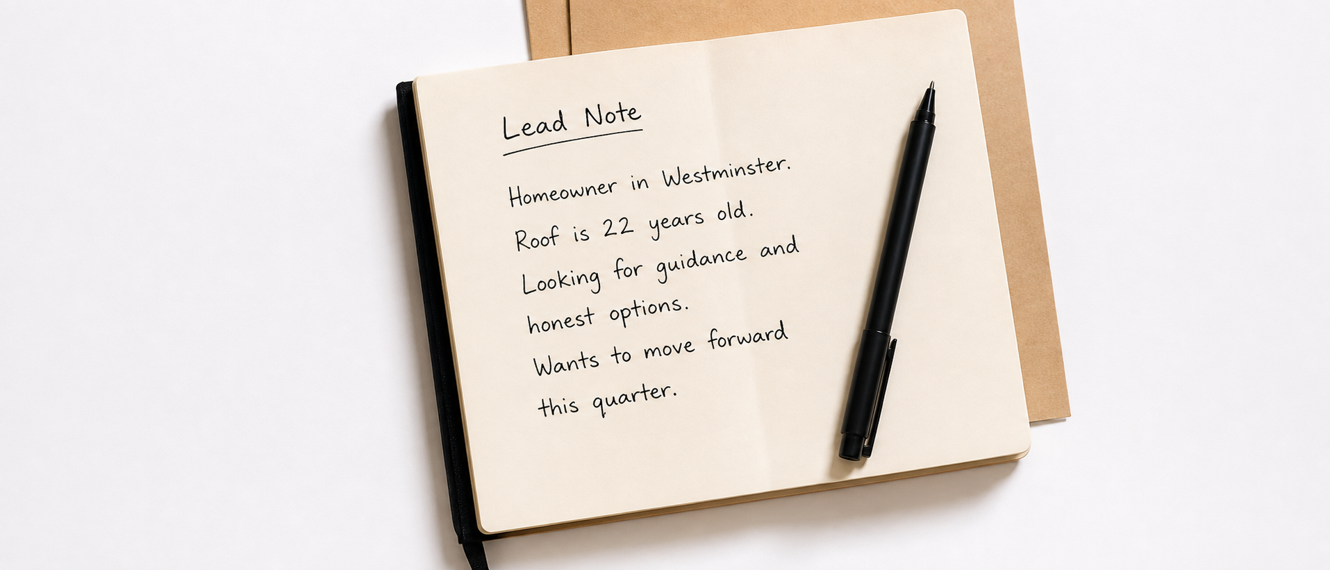 A clear handwritten lead note describing need, fit and timing